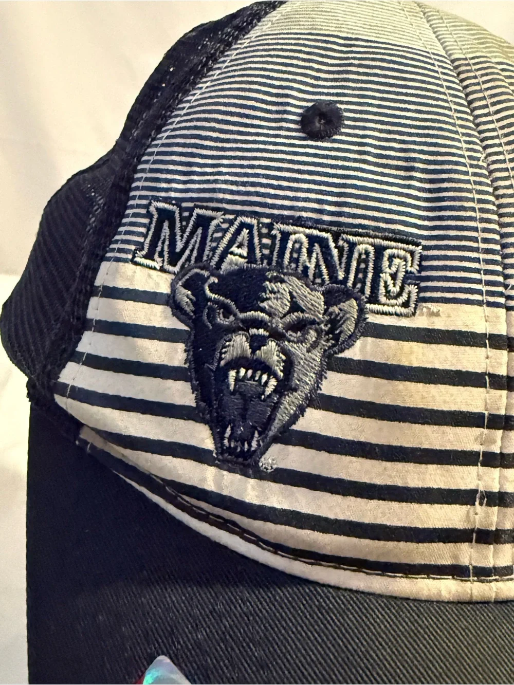 Head Kids Striped Baseball Hat in Black and Cream with Mascot Patch